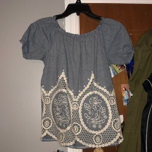 Denim slightly-off the shoulder shirt with detail